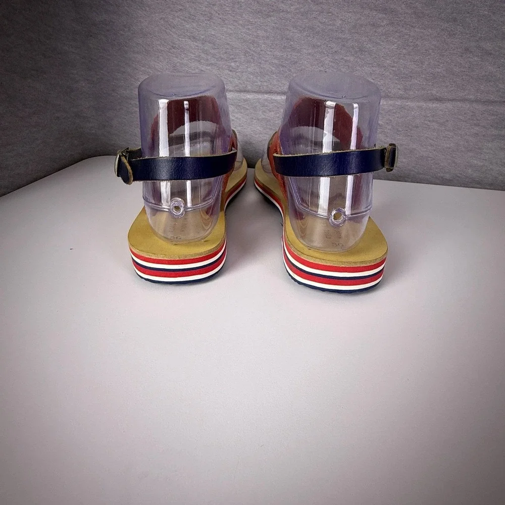 Real Leather Greek Sandals 5.5 Tricolor Navy Red Tan Buckle‎ Strap Flat Summer